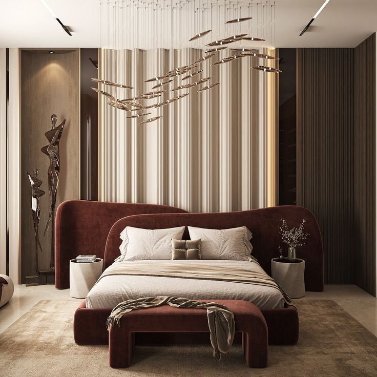 asymmetrical-wave-headboard-burgundy-velvet-bed
modern-sculptural-upholstered-bed-with-matching-bench
luxury-wine-color-velvet-master-bedroom-furniture