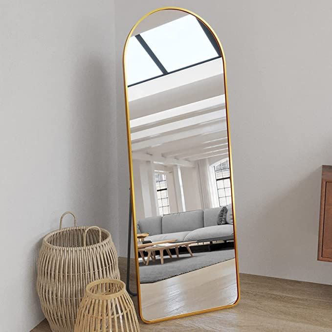 Trafalgar Dome arched floor mirror 70 by 24 inches with MDF border and metal stand for modern interiors.
