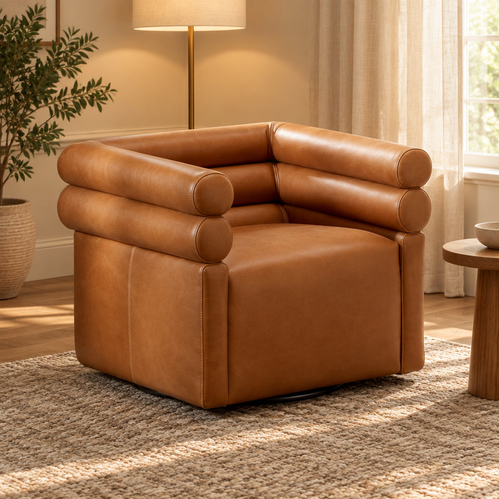 Brown leather armchair in a living room with a bookshelf and window.