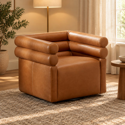 Brown leather armchair in a living room with a bookshelf and window.