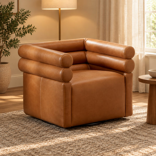 Brown leather armchair in a living room with a bookshelf and window.