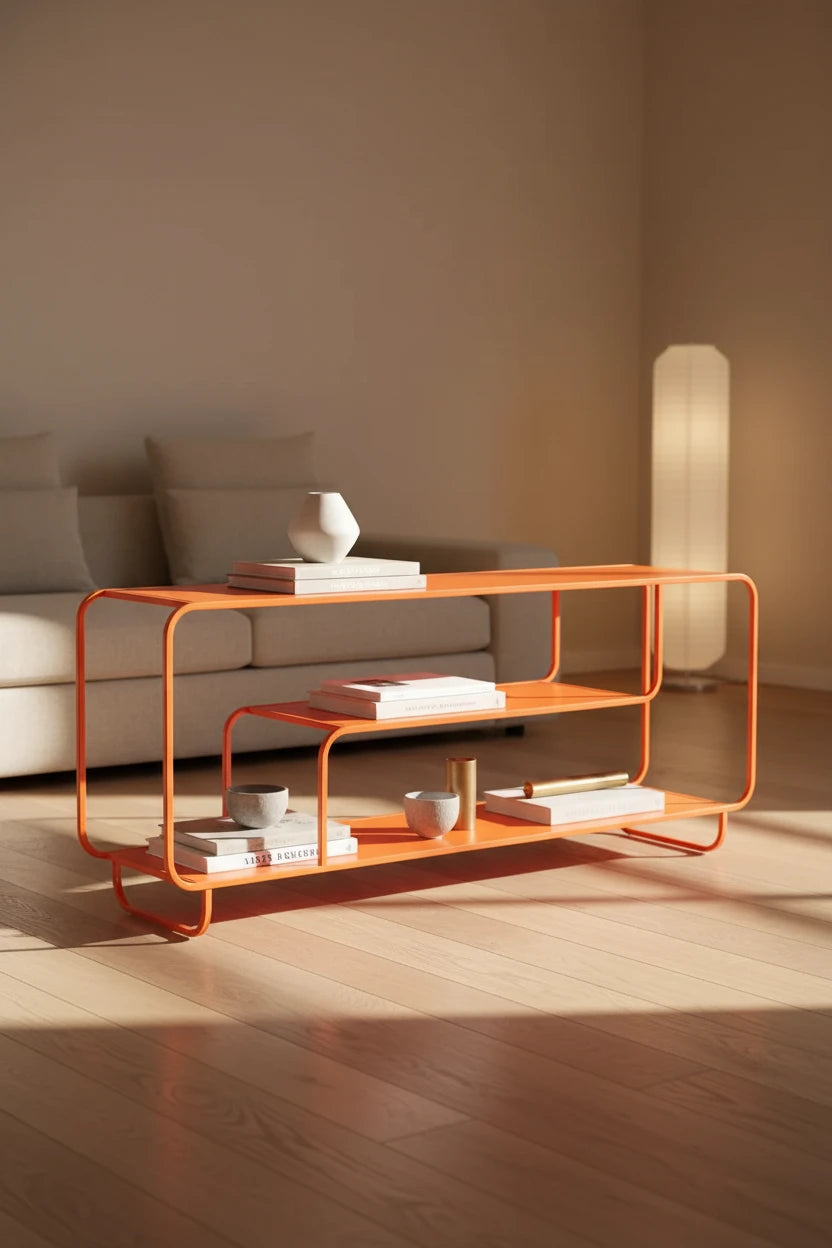 An orange metal shelving console with two open shelves, styled in a modern living room setting with a turntable, books, shoes, and a rug.
