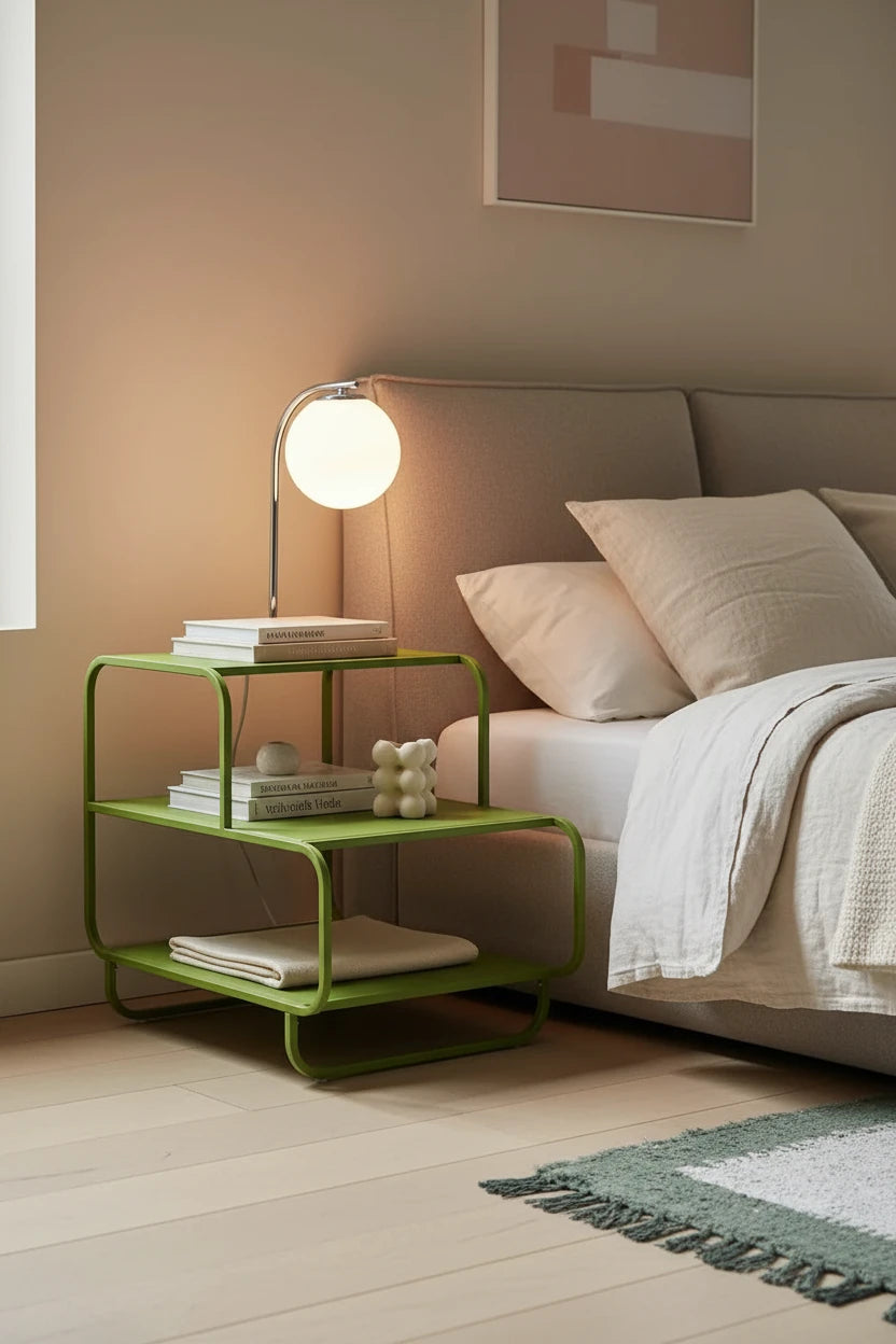 A bright green three-tier side table styled in a living room setting next to a brown leather sofa, a potted snake plant, and a white globe lamp.