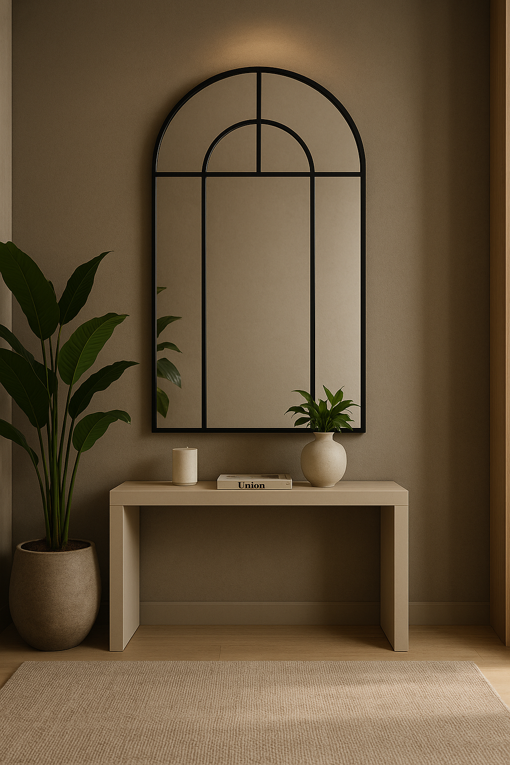 Arch Haven arched black wall mirror with grid design 48 by 29 inches for modern interiors.