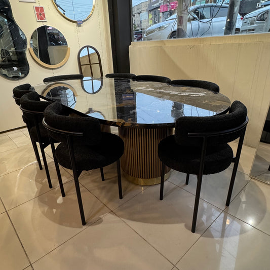 8-seater dining set, black dining table, boucle chairs, luxury dining furniture, modern dining room set