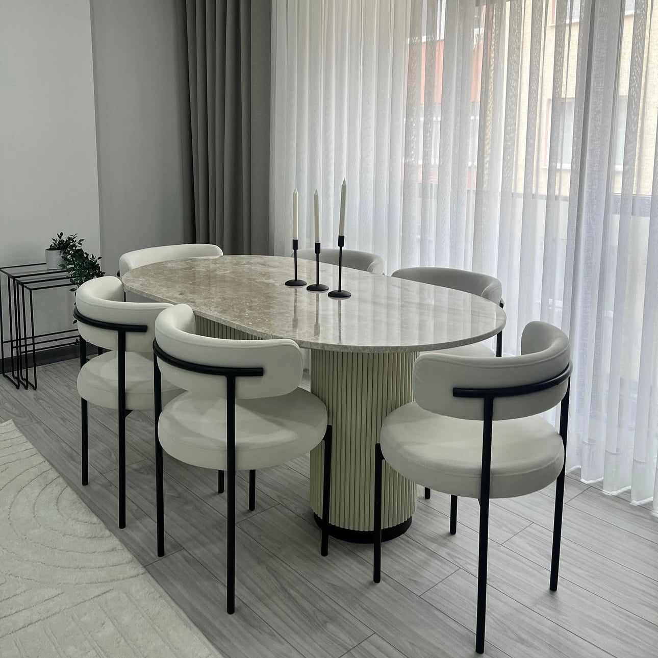 modern dining set, black and white dining table, six-seater dining set, modular dining chairs, luxury dining furniture