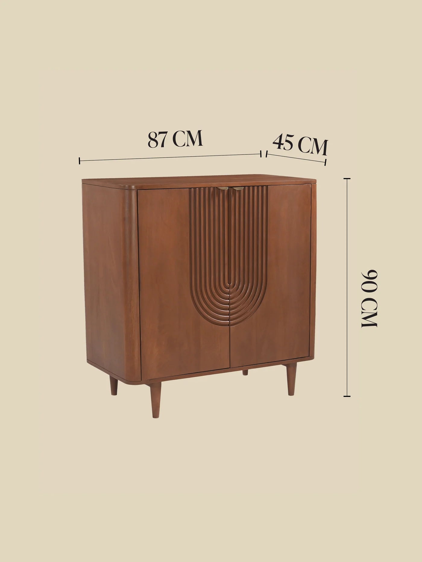 A mid-century modern wooden cabinet with dimension overlays showing 87 cm width, 45 cm depth, and 90 cm height, on a solid beige background.