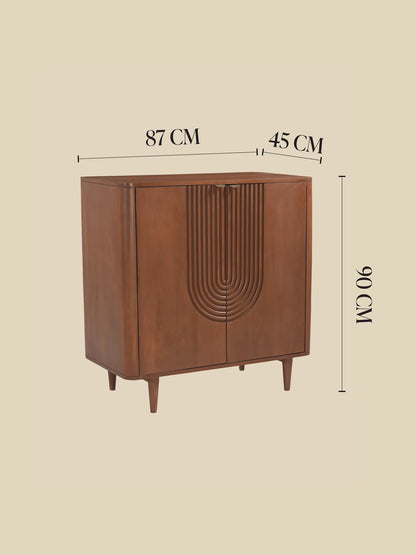 A mid-century modern wooden cabinet with dimension overlays showing 87 cm width, 45 cm depth, and 90 cm height, on a solid beige background.