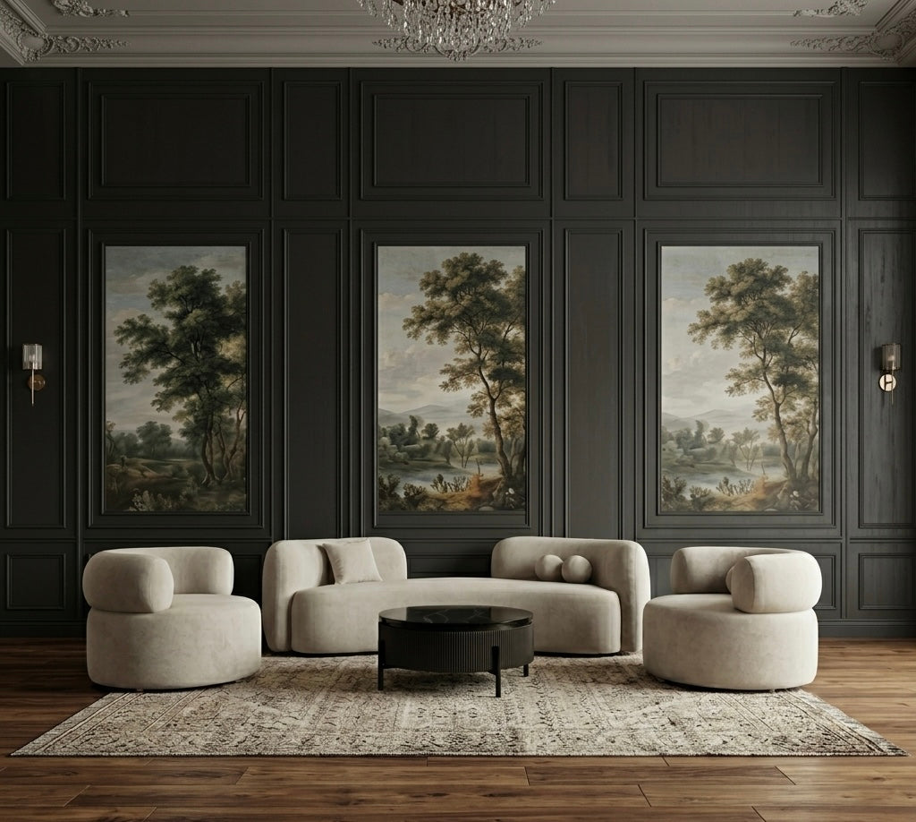 Luxurious living room with dark paneled walls, beige sofa, and decorative paintings.
