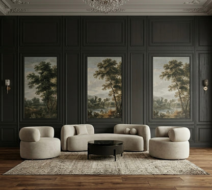 Luxurious living room with dark paneled walls, beige sofa, and decorative paintings.