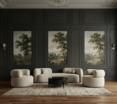 Luxurious living room with dark paneled walls, beige sofa, and decorative paintings.