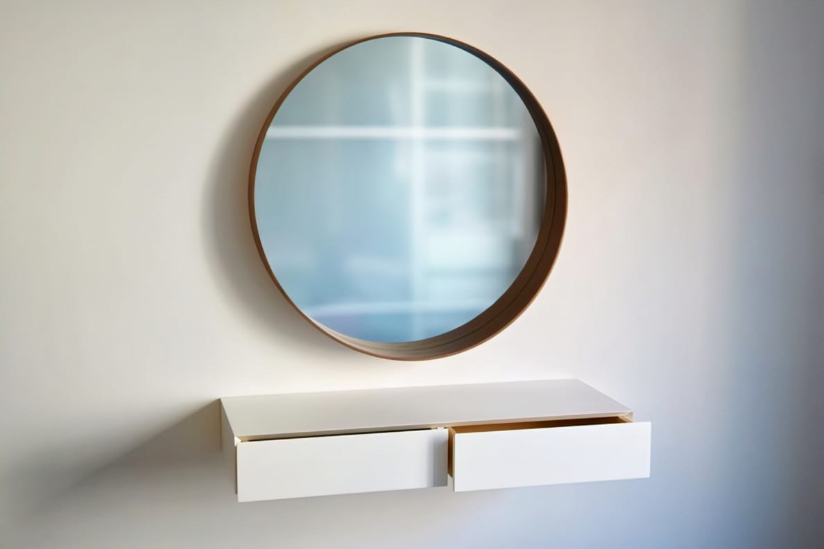 Halo Vanity + Mirror with Floating Walnut Design
Modern Minimalist Wall-Mounted Vanity Table with Drawers
Bedroom Vanity with Open Shelves and Clear Tabletop
Personalizable Vanity Table with 24x24 Mirror