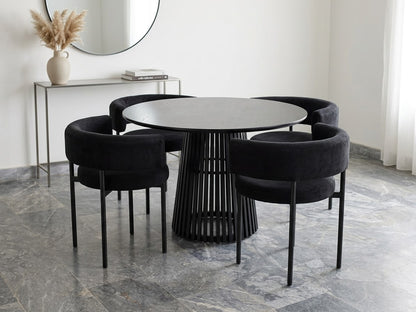 Arlo 5-Piece Dining Set - Slatted Ash Table & Black Velvet Barrel Chairs