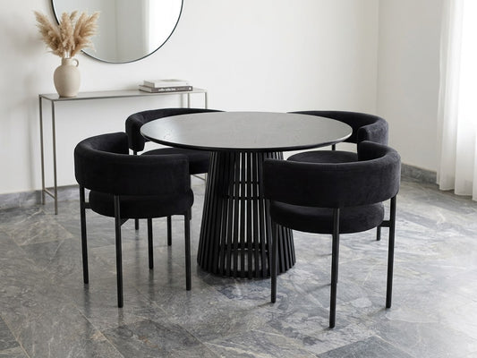 Arlo 5-Piece Dining Set - Slatted Ash Table & Black Velvet Barrel Chairs