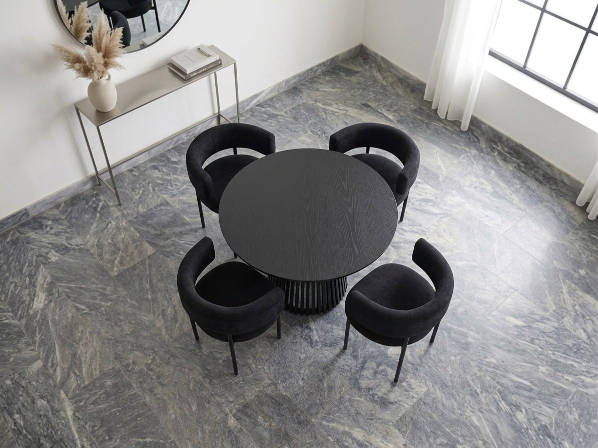 Arlo 5-Piece Dining Set - Slatted Ash Table & Black Velvet Barrel Chairs