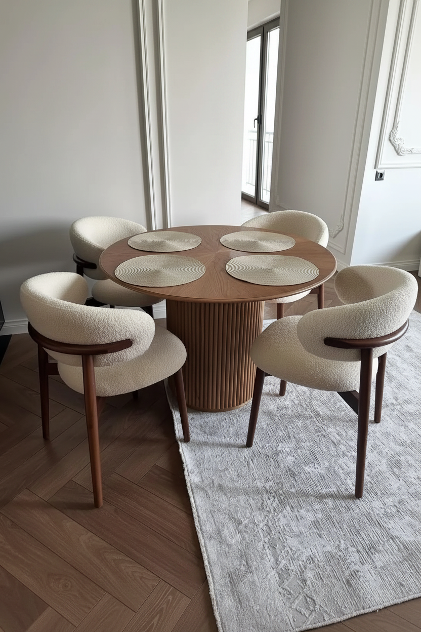 Nord Fluted Round Dining Table & 4 Bouclé Chair Seater