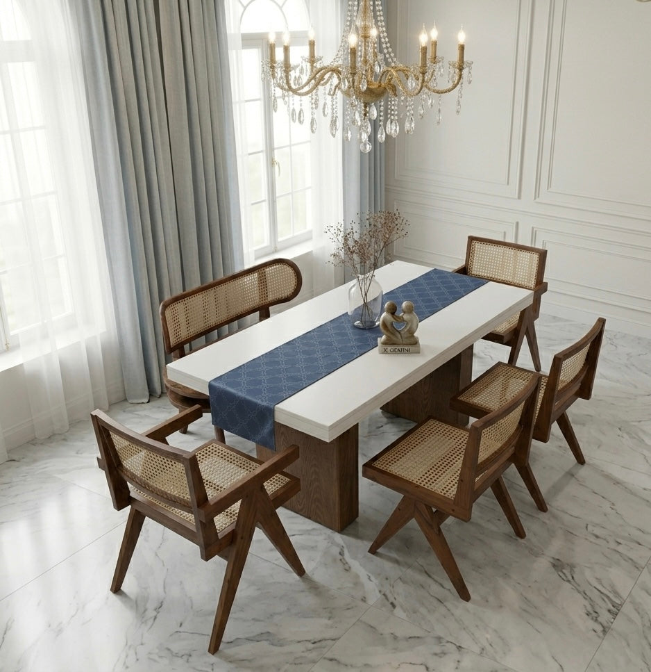 Dining room with a table and chairs in a stylishly decorated room. Cane Dining Set. Sheesham wood dining, Tali dining
