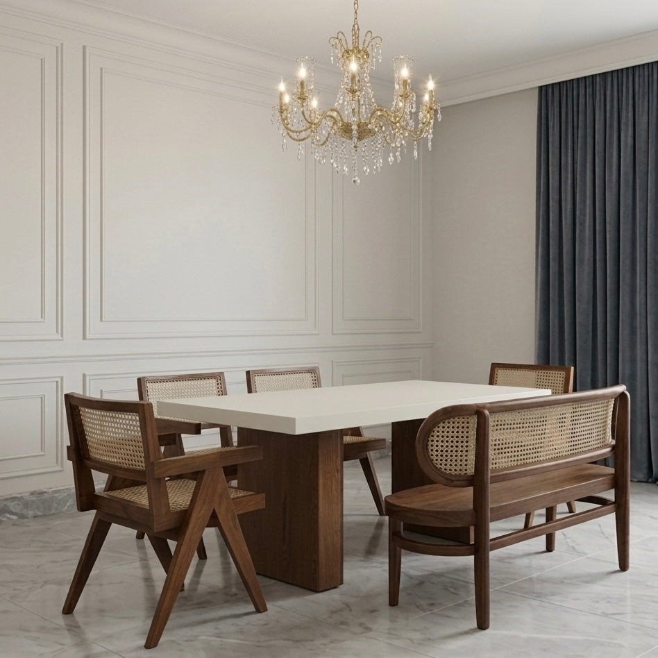 Dining room with wooden table and chairs,  hand caning with bench.