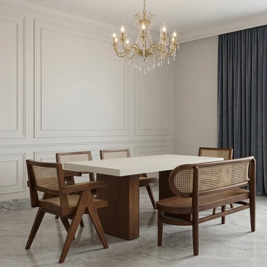 Dining room with wooden table and chairs,  hand caning with bench.