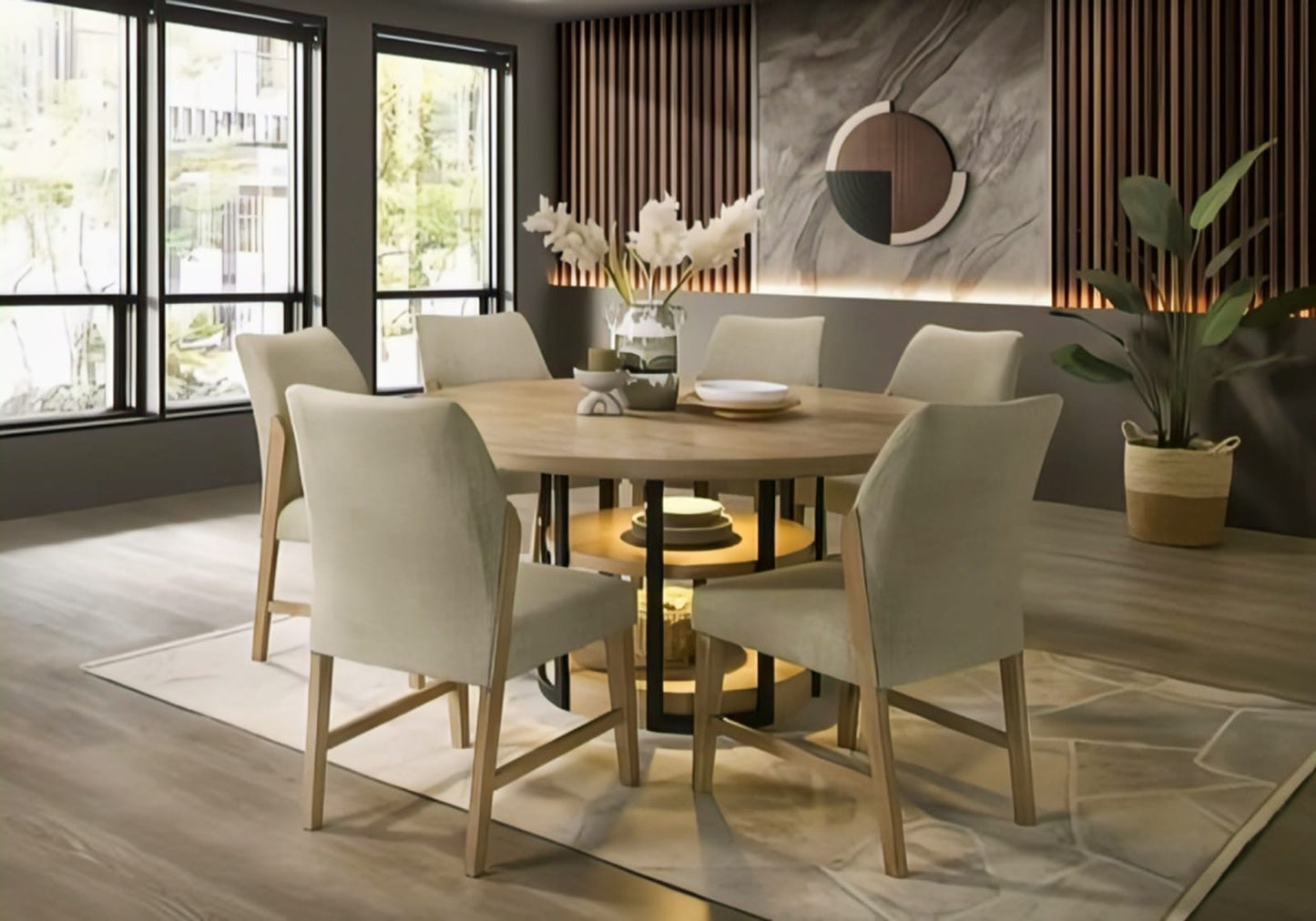 Modern Oasis Dining Set – Round Light Wood Table with White Upholstered Chairs and Black Metal Supports