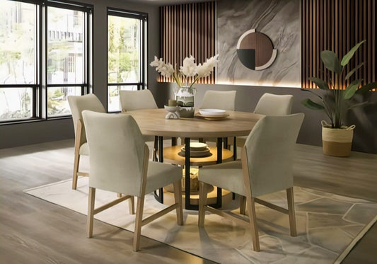 Modern Oasis Dining Set – Round Light Wood Table with White Upholstered Chairs and Black Metal Supports