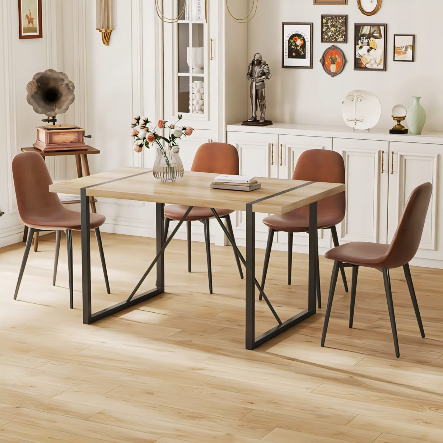 Nexa Dining Table – Light Wood Top with Black Metal Legs, Modern Minimalist Design