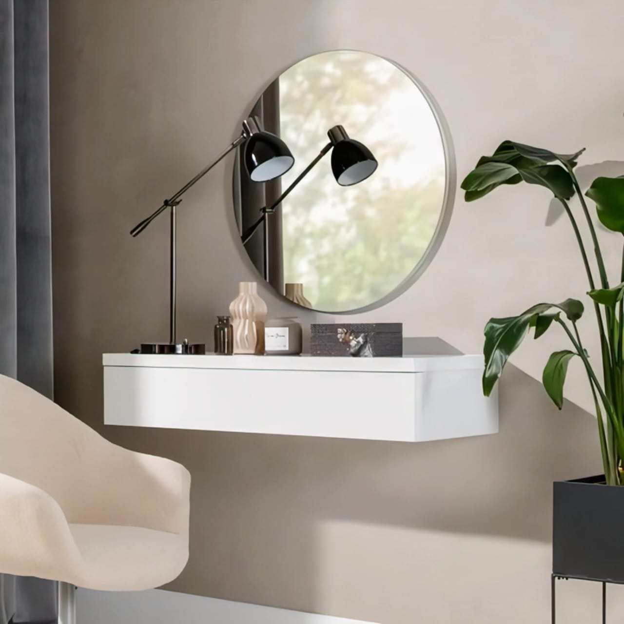 Navene Vanity + Mirror with Floating Modern Design
Sleek Floating Vanity Table with Two Spacious Drawers
Glossy Laminated MDF Vanity for Bedroom or Dressing Area
Minimalist Wall-Mounted Vanity Table with 24x24 Mirror