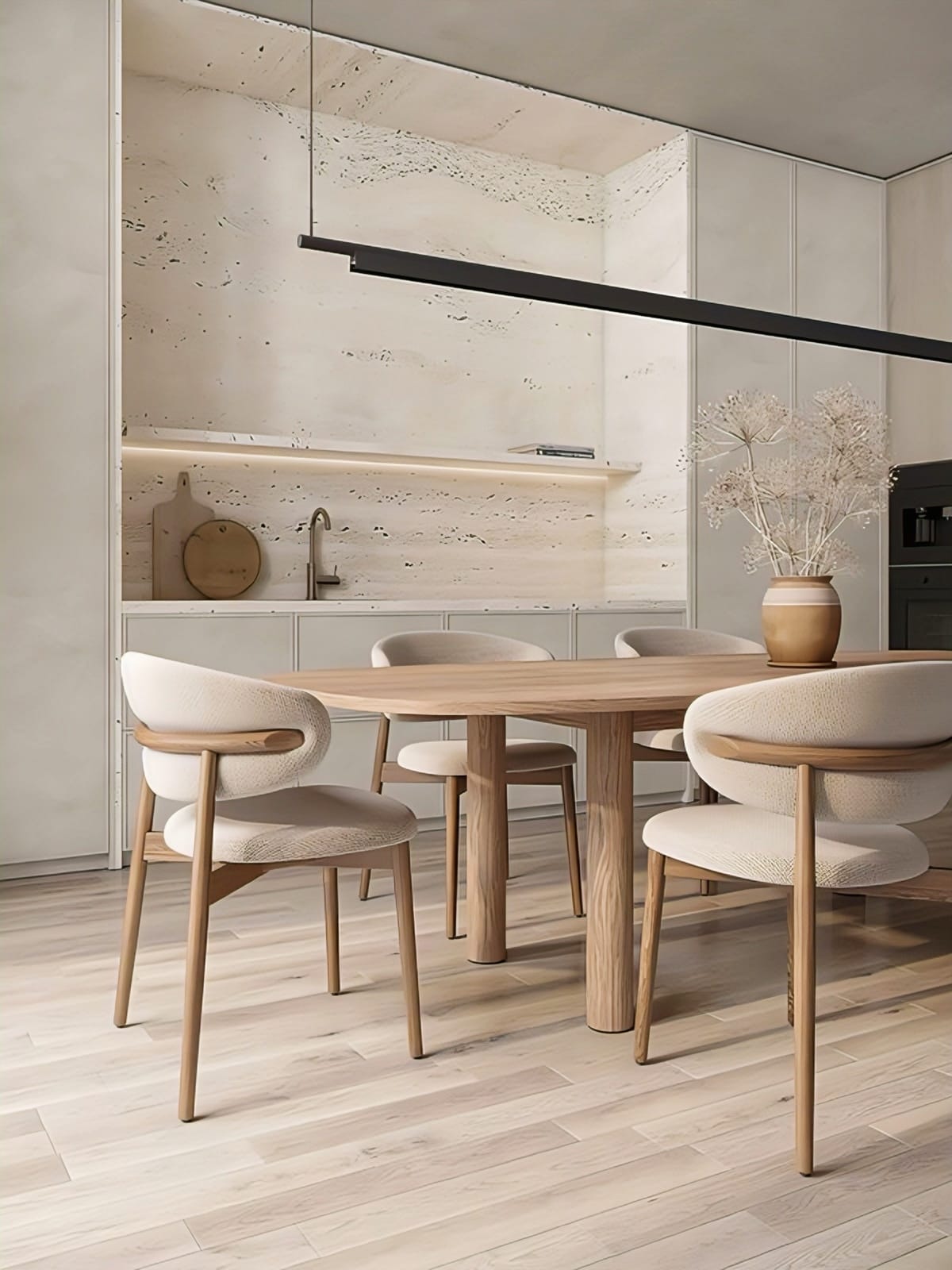 YOCO Dining Set – Light Wood Table with Six Velvet Chairs, Modern Minimalist Design