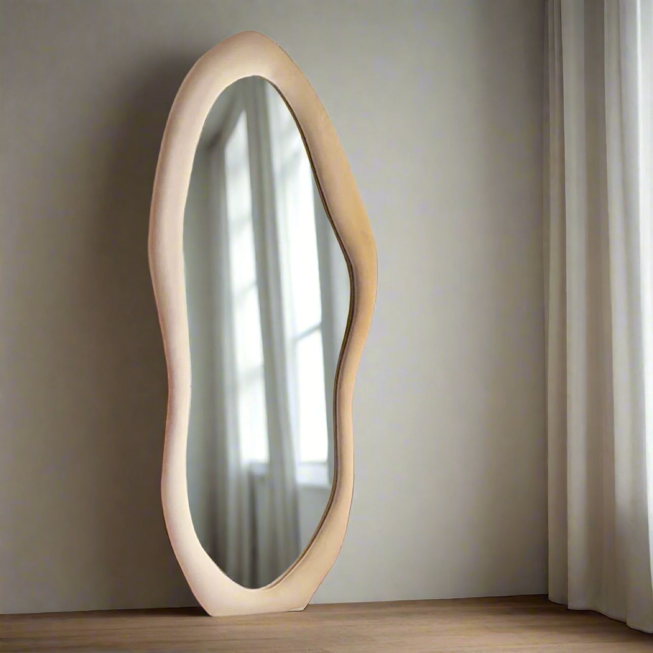Jupiter Mirror with velvet fabric border in size 72x32 inches, modern full-length wall mirror.