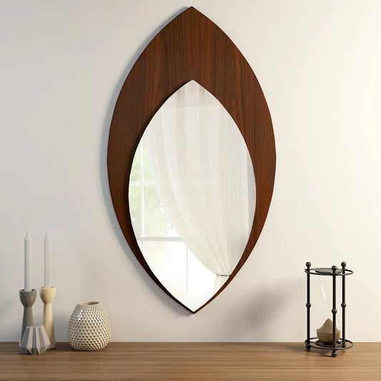 Leaf-shaped decorative wall mirror made from MDF in size 36x24 inches, designed for modern home interiors.