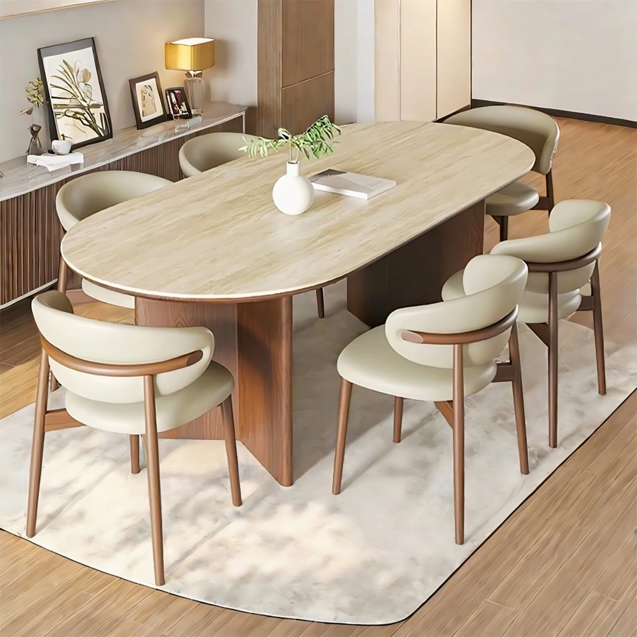 Aura Modern Dining Set – Oval Marble-Look Table with Upholstered Chairs