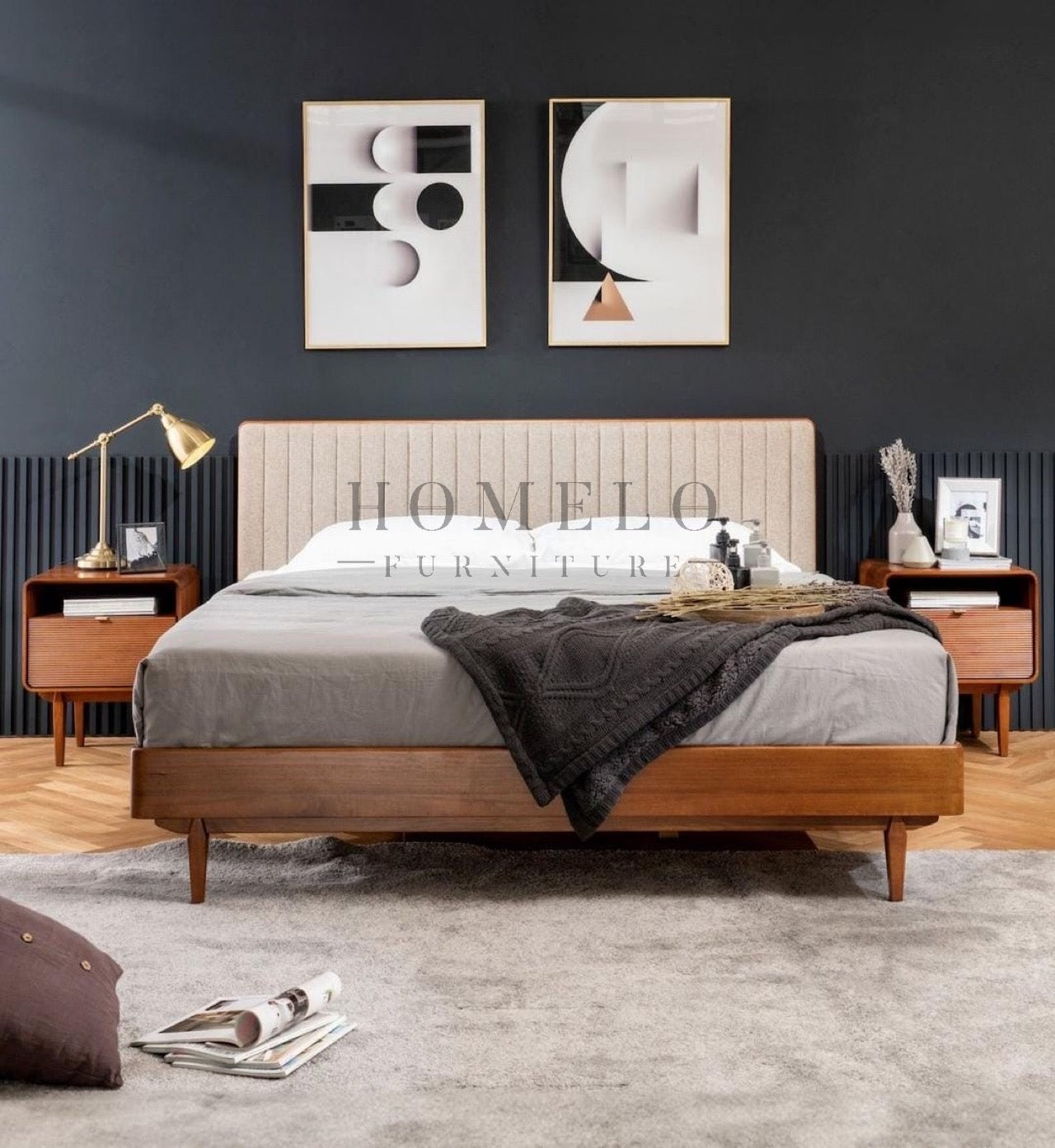 Raglan Queen Size bed velvet upholstered luxury bedroom furniture