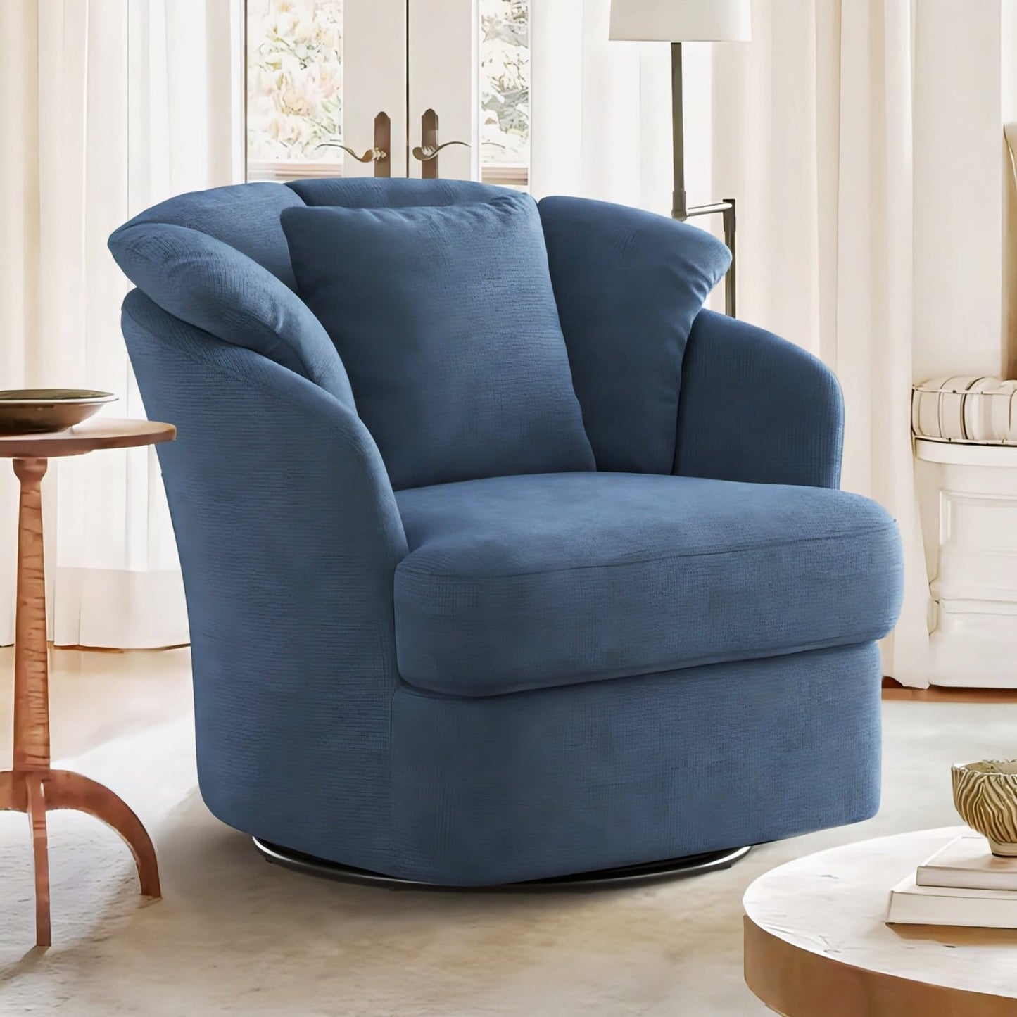 Swivel barrel accent chair upholstered in soft fabric