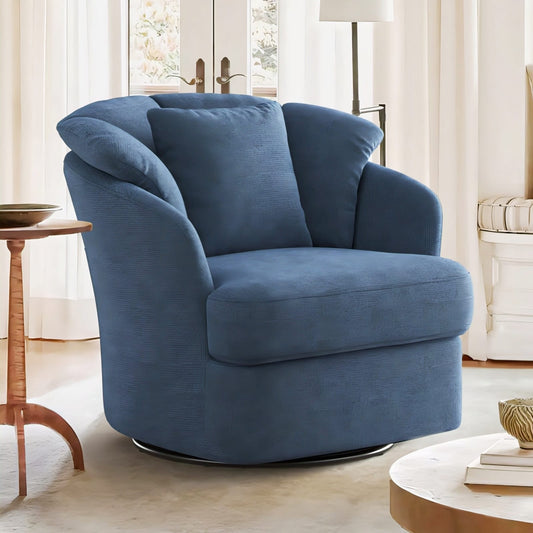 Swivel barrel accent chair upholstered in soft fabric