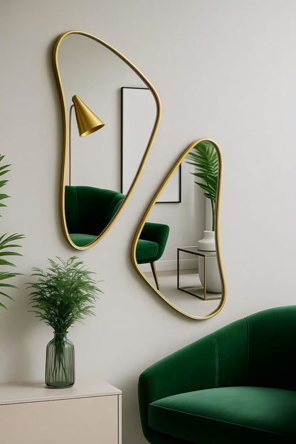 Triangular window pane mirror with a sleek modern frame, designed to enhance and brighten any room.