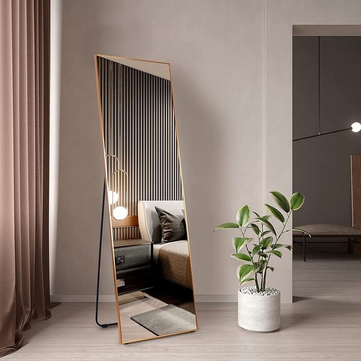 Trafalgar full-length mirror with MDF border and metal stand, 70 by 24 inches, modern minimalist design for bedroom, hallway, or dressing area.